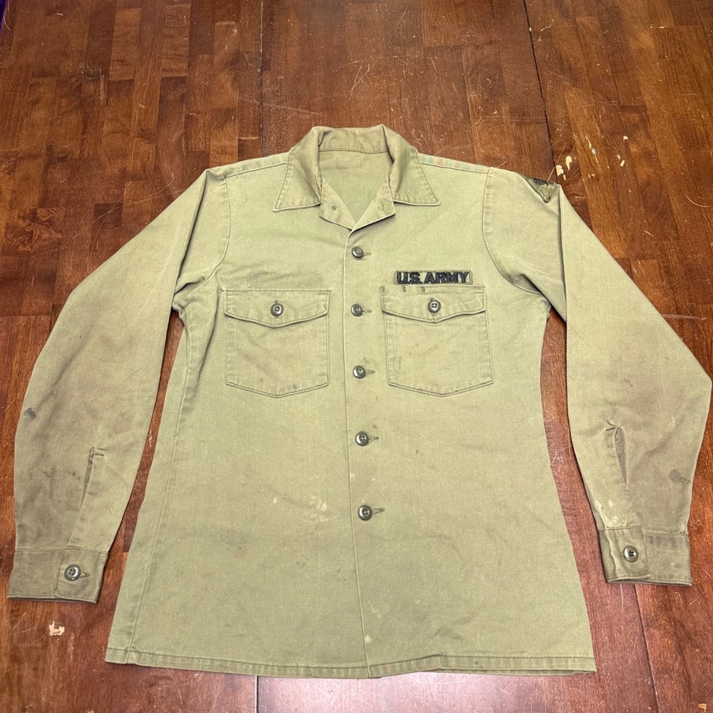 Vtg US Army Type 1 Utility Shirt Med Green 50th Armored Division OG-107 Vietnam